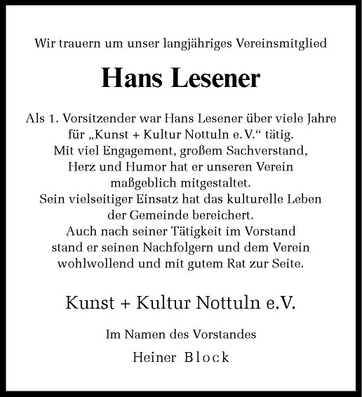  Traueranzeige für Hans Lesener vom 30.03.2012 aus Westfälische Nachrichten