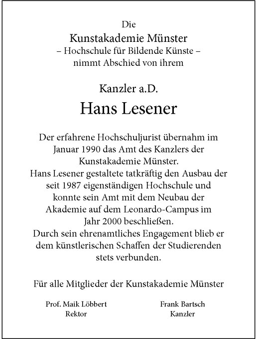  Traueranzeige für Hans Lesener vom 31.03.2012 aus Westfälische Nachrichten