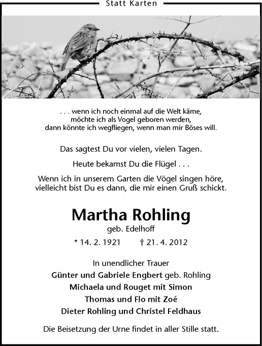  Traueranzeige für Martha Rohling vom 23.04.2012 aus Westfälische Nachrichten