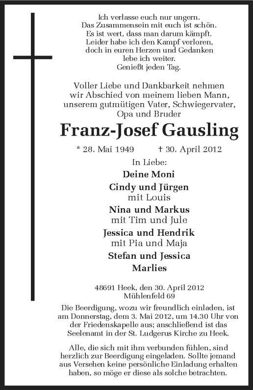  Traueranzeige für Franz-Josef Gausling vom 03.05.2012 aus Westfälische Nachrichten