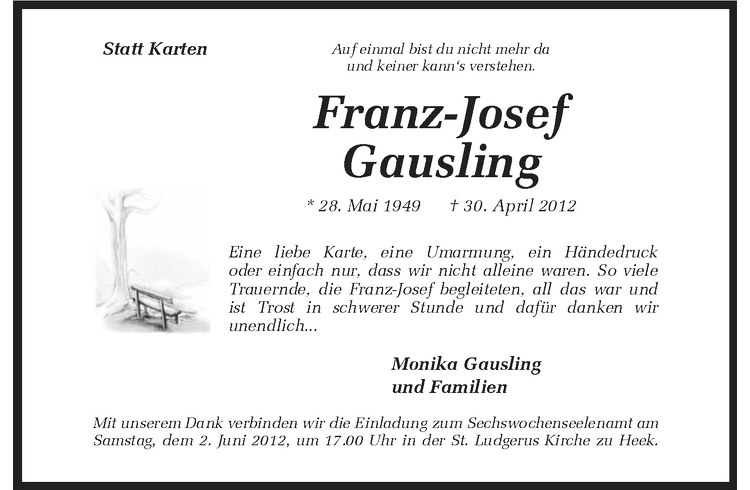  Traueranzeige für Franz-Josef Gausling vom 31.05.2012 aus Westfälische Nachrichten