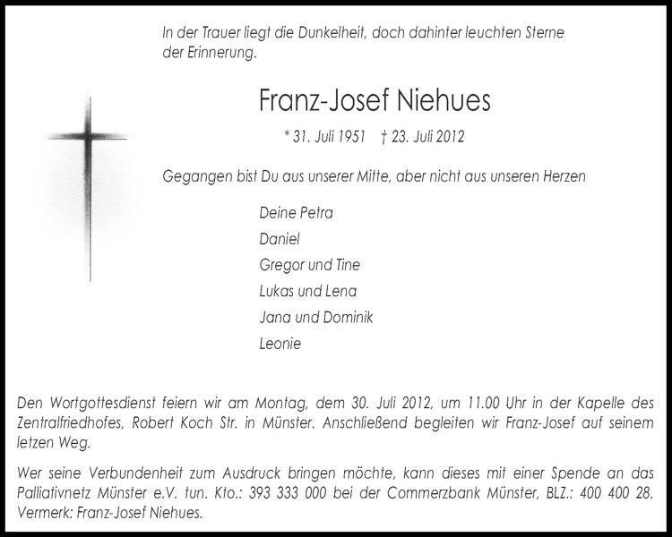  Traueranzeige für Franz-Josef Niehues vom 27.07.2012 aus Westfälische Nachrichten