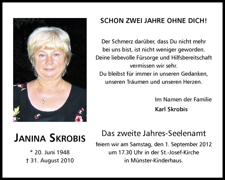  Traueranzeige für Janina Skrobis vom 25.08.2012 aus Westfälische Nachrichten