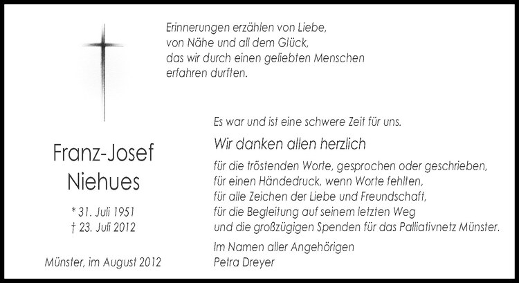  Traueranzeige für Franz-Josef Niehues vom 25.08.2012 aus Westfälische Nachrichten