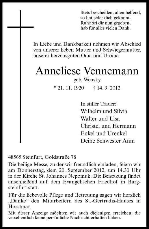  Traueranzeige für Anneliese Vennemann vom 18.09.2012 aus Westfälische Nachrichten