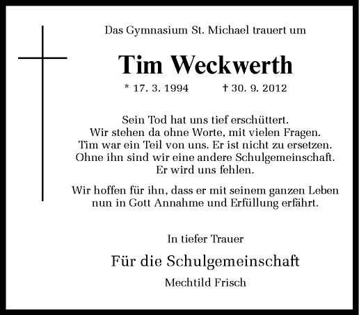 Traueranzeige für Tim Weckwerth vom 09.10.2012 aus Westfälische Nachrichten