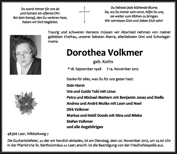  Traueranzeige für Dorothea Volkmer vom 17.11.2012 aus Westfälische Nachrichten