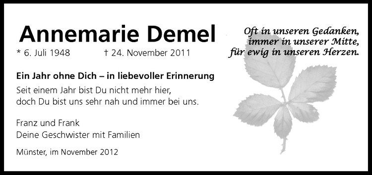  Traueranzeige für Annemarie Demel vom 24.11.2012 aus Westfälische Nachrichten