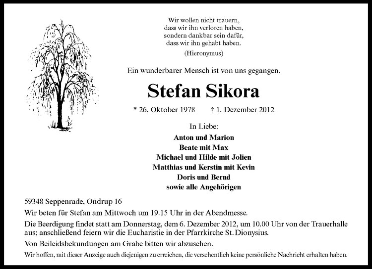  Traueranzeige für Stefan Sikora vom 04.12.2012 aus Westfälische Nachrichten