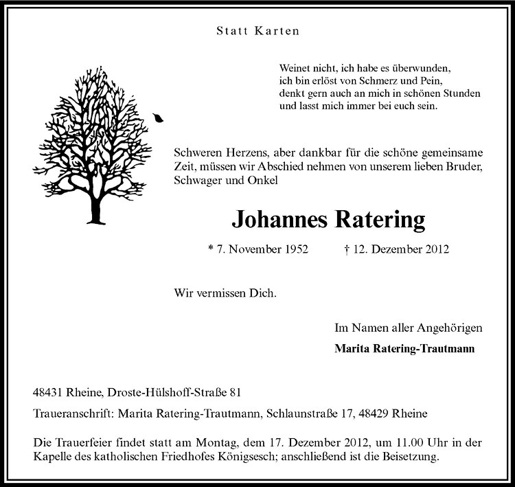  Traueranzeige für Johannes Ratering vom 14.12.2012 aus Westfälische Nachrichten