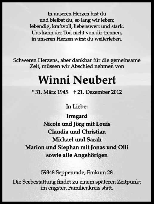  Traueranzeige für Winni Neubert vom 27.12.2012 aus Westfälische Nachrichten