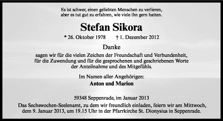  Traueranzeige für Stefan Sikora vom 05.01.2013 aus Westfälische Nachrichten