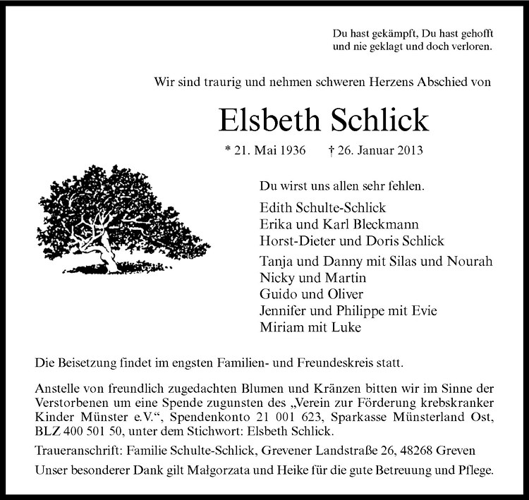  Traueranzeige für Elsbeth Schlick vom 29.01.2013 aus Westfälische Nachrichten