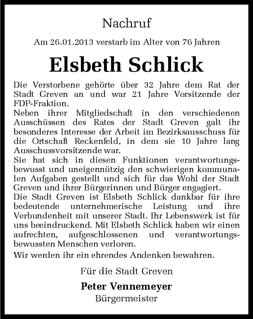  Traueranzeige für Elsbeth Schlick vom 29.01.2013 aus Westfälische Nachrichten