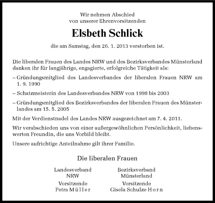  Traueranzeige für Elsbeth Schlick vom 02.02.2013 aus Westfälische Nachrichten