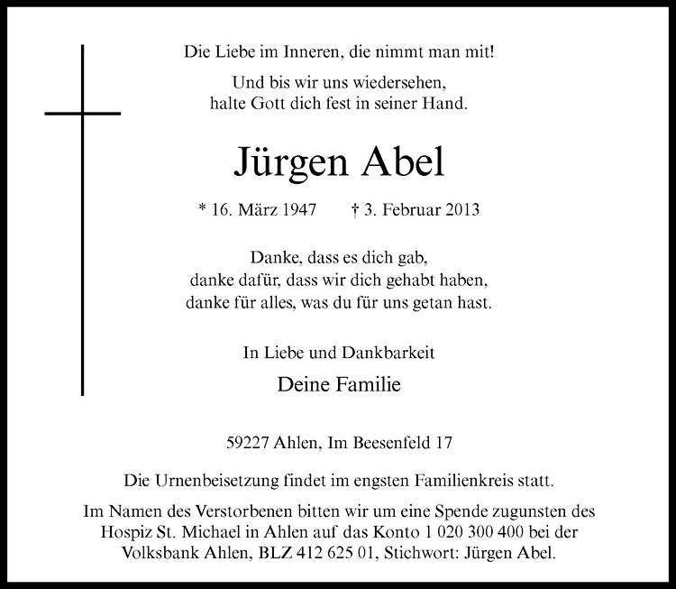  Traueranzeige für Jürgen Abel vom 09.02.2013 aus Westfälische Nachrichten