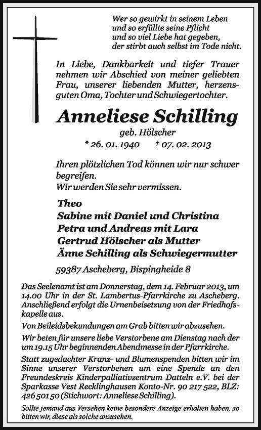  Traueranzeige für Anneliese Schilling vom 11.02.2013 aus Westfälische Nachrichten
