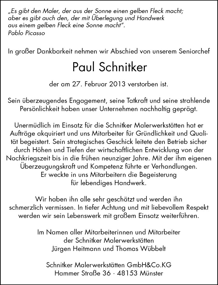  Traueranzeige für Paul Schnitker vom 02.03.2013 aus Westfälische Nachrichten