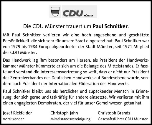  Traueranzeige für Paul Schnitker vom 02.03.2013 aus Westfälische Nachrichten
