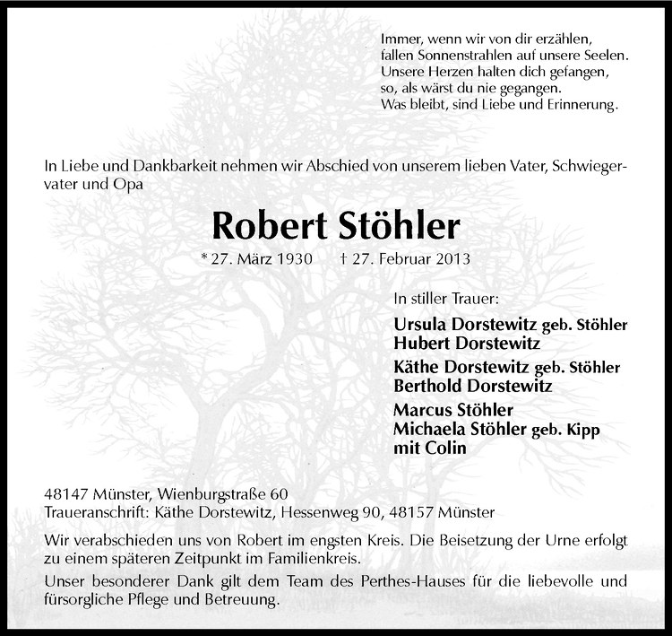  Traueranzeige für Robert Stöhler vom 06.03.2013 aus Westfälische Nachrichten