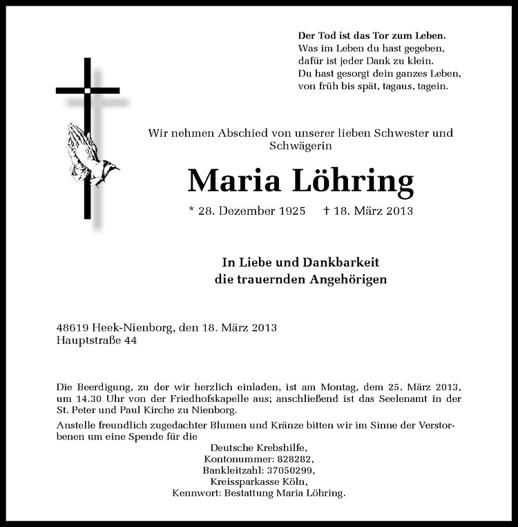  Traueranzeige für Maria Löhring vom 21.03.2013 aus Westfälische Nachrichten