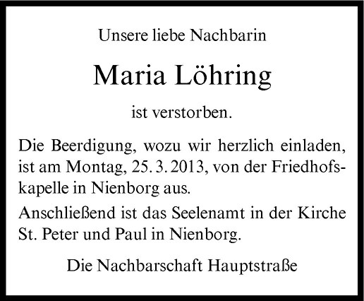  Traueranzeige für Maria Löhring vom 22.03.2013 aus Westfälische Nachrichten