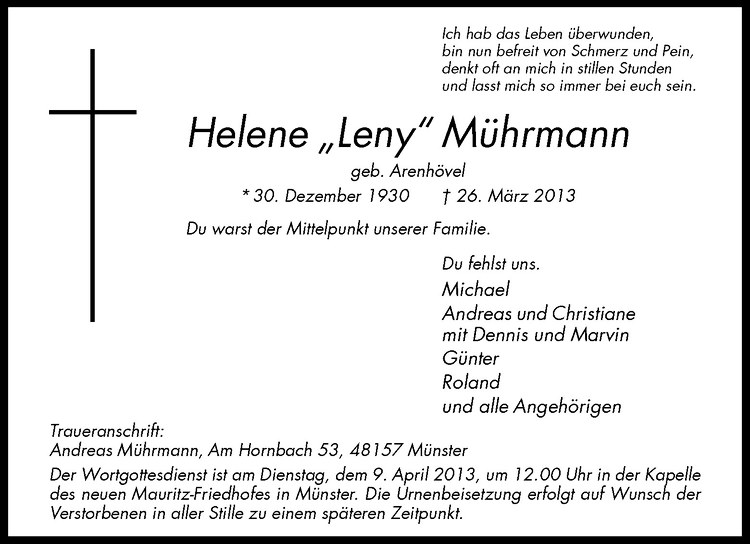 Traueranzeige für Helene Mührmann vom 29.03.2013 aus Westfälische Nachrichten