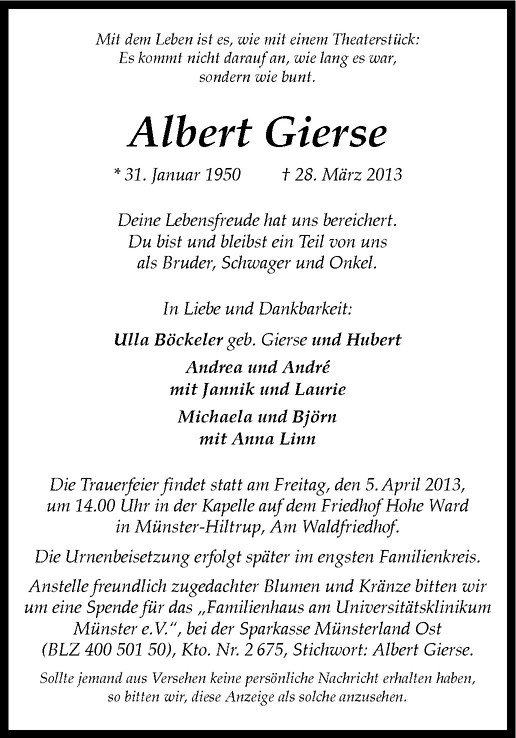  Traueranzeige für Albert Gierse vom 03.04.2013 aus Westfälische Nachrichten