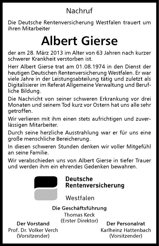  Traueranzeige für Albert Gierse vom 06.04.2013 aus Westfälische Nachrichten