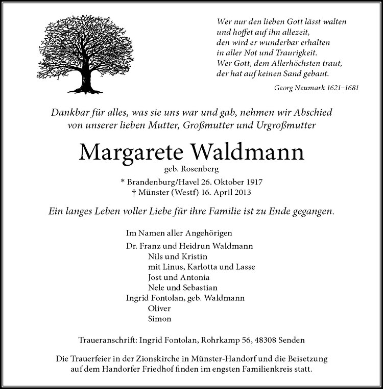  Traueranzeige für Margarete Waldmann vom 20.04.2013 aus Westfälische Nachrichten