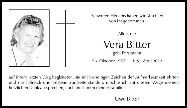  Traueranzeige für Vera Bitter vom 15.06.2013 aus Westfälische Nachrichten
