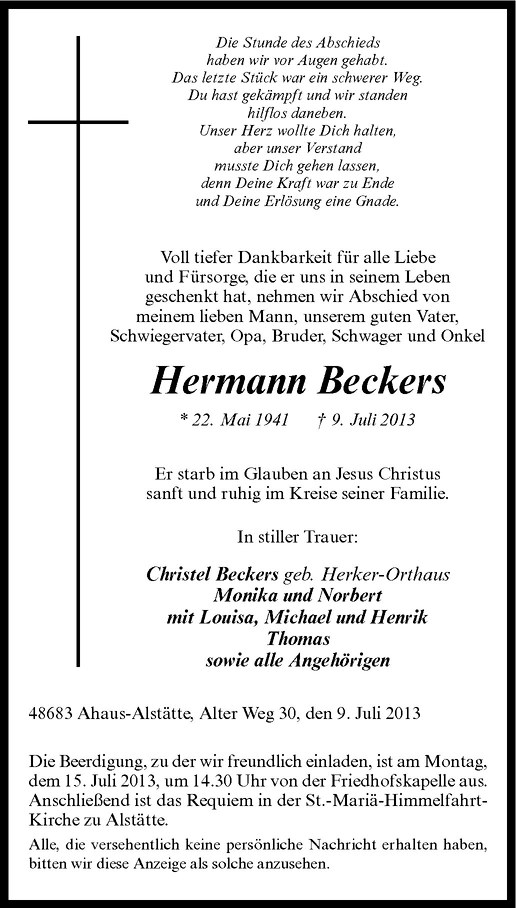  Traueranzeige für Hermann Beckers vom 12.07.2013 aus Westfälische Nachrichten