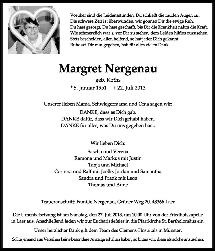  Traueranzeige für Margret Nergenau vom 25.07.2013 aus Westfälische Nachrichten
