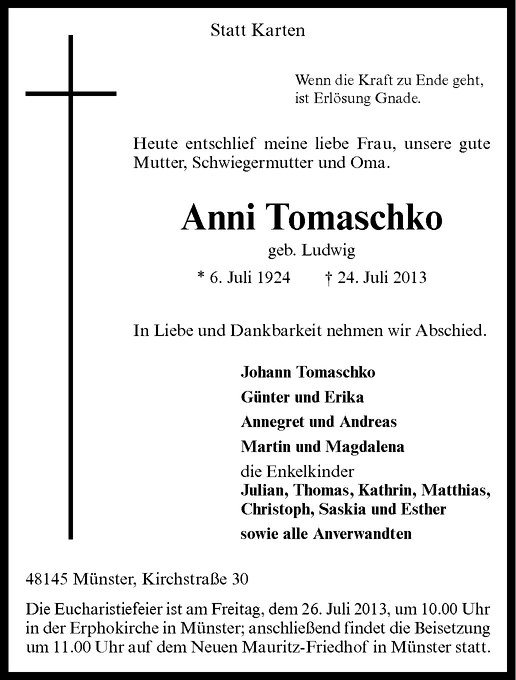  Traueranzeige für Anni Tomaschko vom 25.07.2013 aus Westfälische Nachrichten