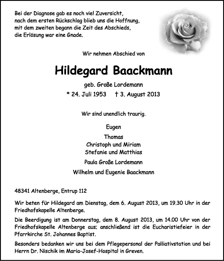  Traueranzeige für Hildegard Baackmann vom 05.08.2013 aus Westfälische Nachrichten