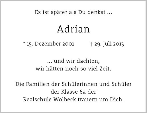  Traueranzeige für Adrian Schmitmann vom 07.08.2013 aus Westfälische Nachrichten