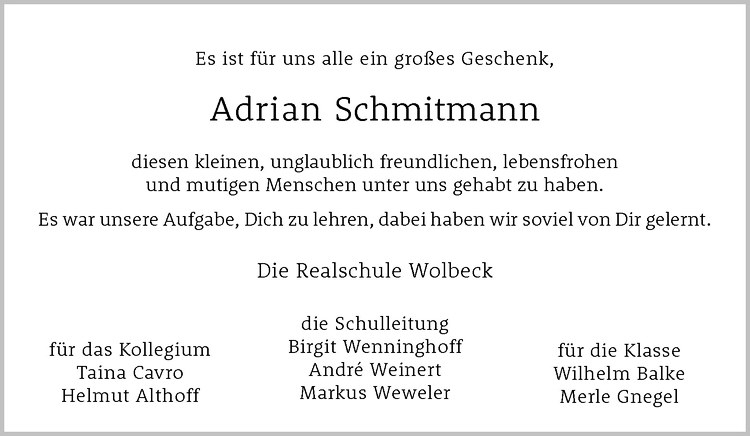  Traueranzeige für Adrian Schmitmann vom 07.08.2013 aus Westfälische Nachrichten