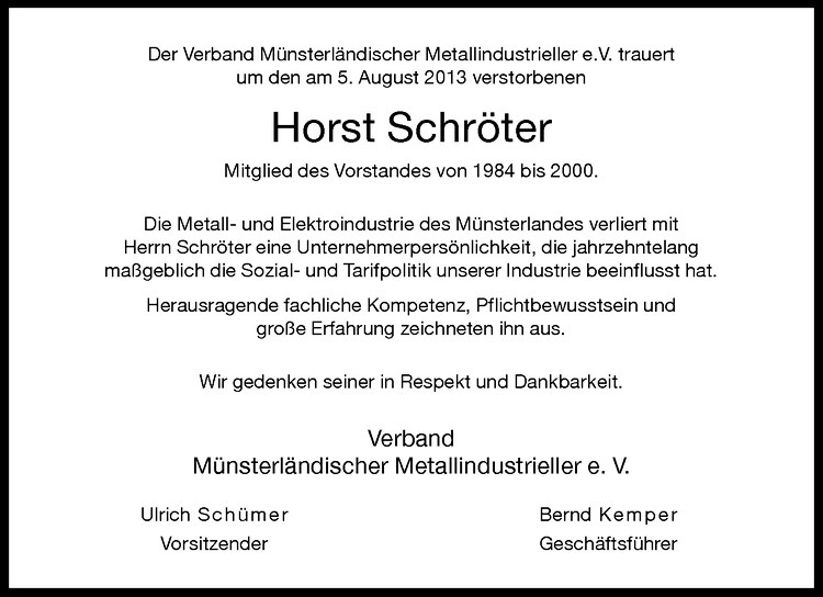  Traueranzeige für Horst Schröter vom 10.08.2013 aus Westfälische Nachrichten