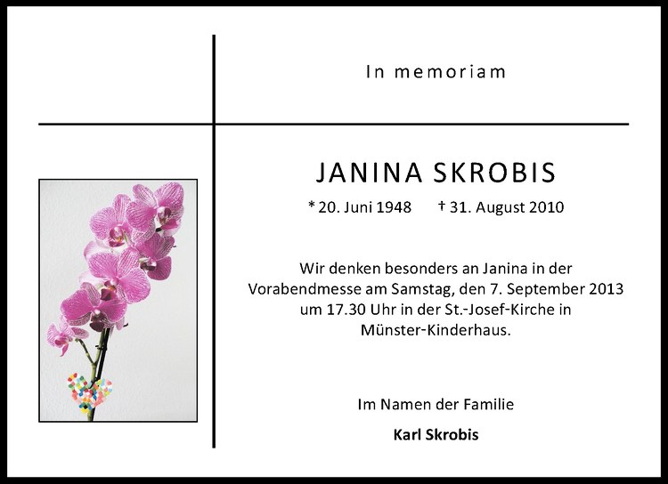  Traueranzeige für Janina Skrobis vom 31.08.2013 aus Westfälische Nachrichten