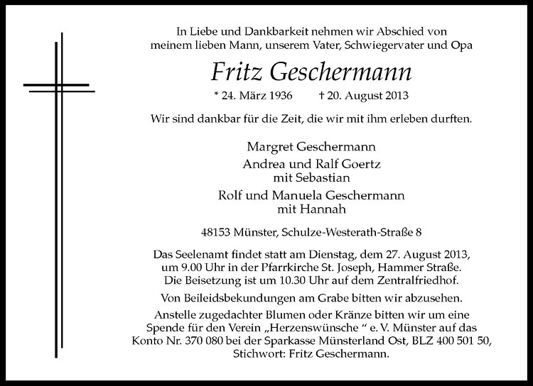  Traueranzeige für Fritz Geschermann vom 24.08.2013 aus Westfälische Nachrichten