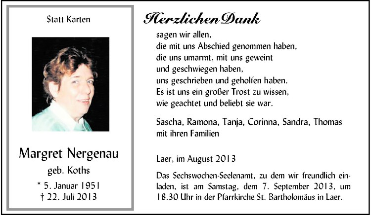  Traueranzeige für Margret Nergenau vom 31.08.2013 aus Westfälische Nachrichten