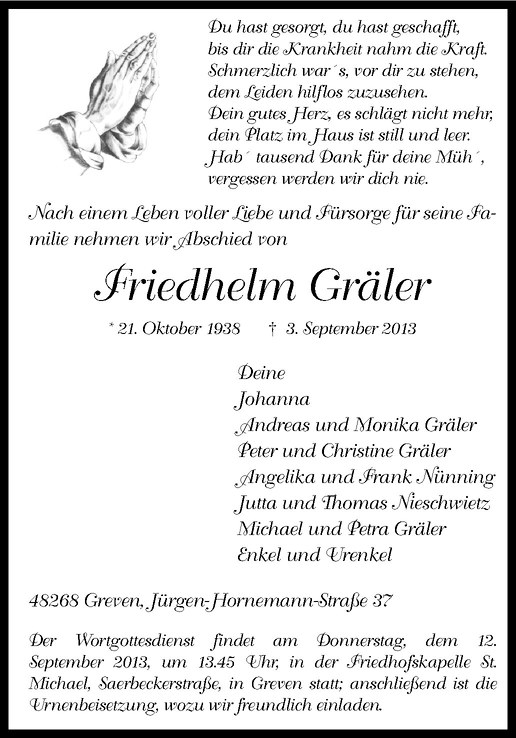  Traueranzeige für Friedhelm Gräler vom 07.09.2013 aus Westfälische Nachrichten