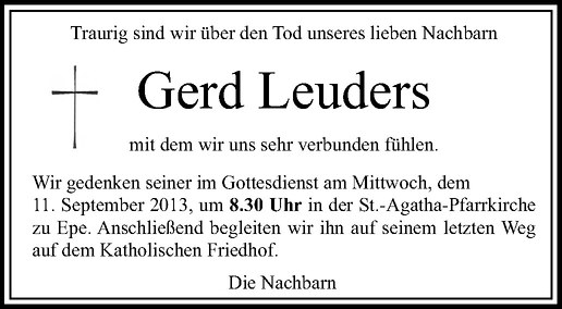 Traueranzeige für Gerd Leuders vom 10.09.2013 aus Westfälische Nachrichten