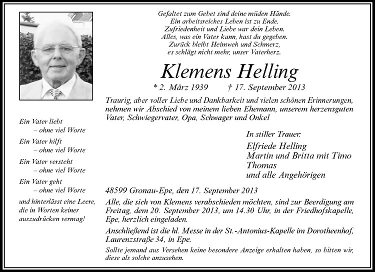  Traueranzeige für Klemens Helling vom 19.09.2013 aus Westfälische Nachrichten