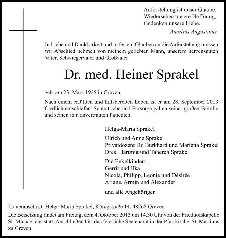  Traueranzeige für Heiner Sprakel vom 02.10.2013 aus Westfälische Nachrichten