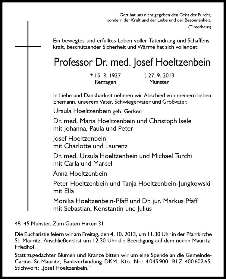  Traueranzeige für Josef Hoeltzenbein vom 02.10.2013 aus Westfälische Nachrichten