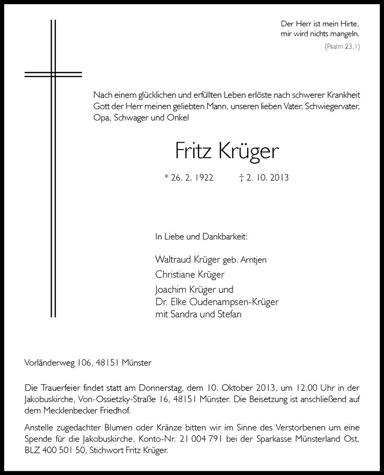  Traueranzeige für Fritz Krüger vom 05.10.2013 aus Westfälische Nachrichten