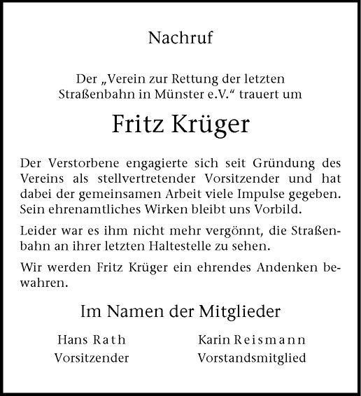  Traueranzeige für Fritz Krüger vom 09.10.2013 aus Westfälische Nachrichten