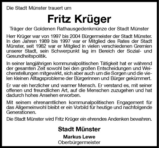  Traueranzeige für Fritz Krüger vom 10.10.2013 aus Westfälische Nachrichten