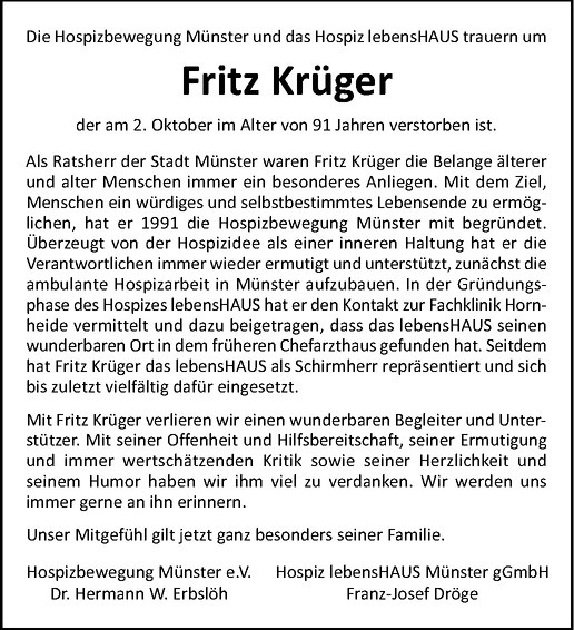  Traueranzeige für Fritz Krüger vom 11.10.2013 aus Westfälische Nachrichten